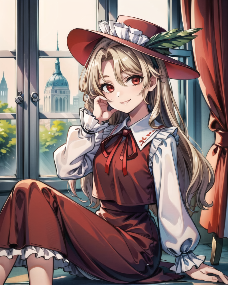 00108-2816643769-, solo, 1girl, dippjacketgirl, smile, looking at viewer, sitting, hand on own face, frilled hat, hat feather, collared shirt, re.png